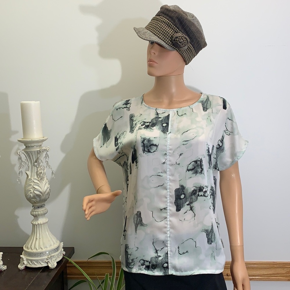 Calvin Klein White Abstract Watercolor Short Sleeve Blouse